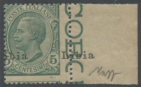 Libia, 1912 5c. Verde N.3 nuovo con gomma integra, interessante varietà della...