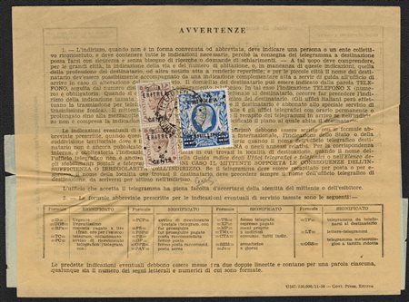 04.10.1951, Modulo telegrafico affrancato tramite tre valori soprastampato...