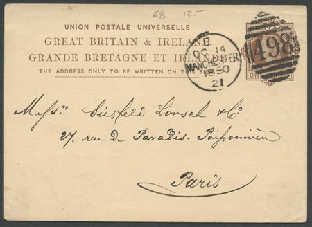 1880, interessante intero postale spedito da Manchester per Parigi.