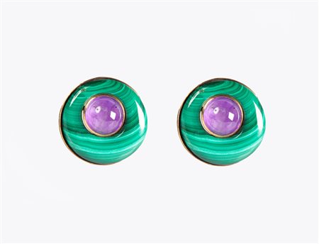  
Coppia clips in oro ametiste e malachite 
 Diametro mm. 30