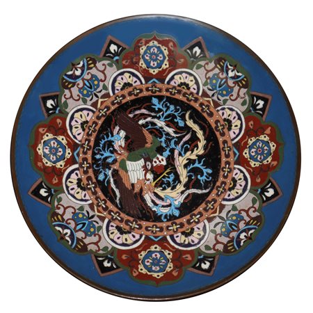 薩摩焼 Royal Satsuma - Piatto nei toni del blu con decoro floreale e fenice