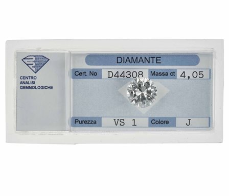 Diamante taglio brillante di ct 4.05, colore J, caratteristiche interne VS1, fluorescenza UV debole