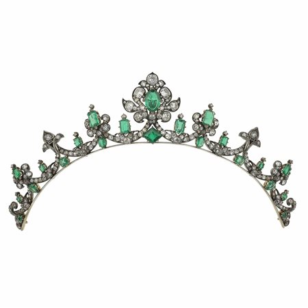 Tiara con smeraldi Colombia e diamanti di vecchio taglio