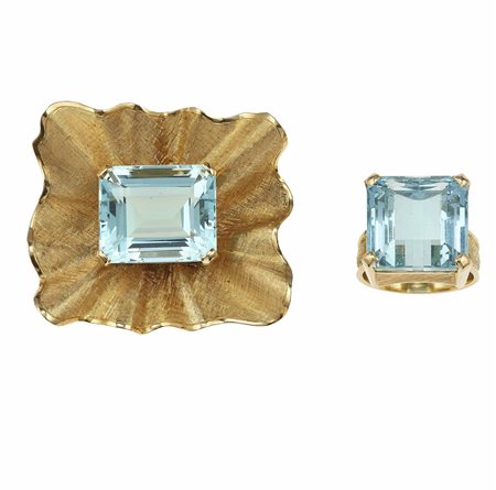 Anello e spilla con acquamarine