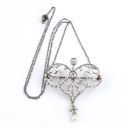 Girocollo in argento e centrale-spilla liberty con diamanti e perla pendente - fine XIX secolo       