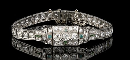 Bracciale art déco in platino con diamanti e paste vitree verdi - anni '20 del XX secolo