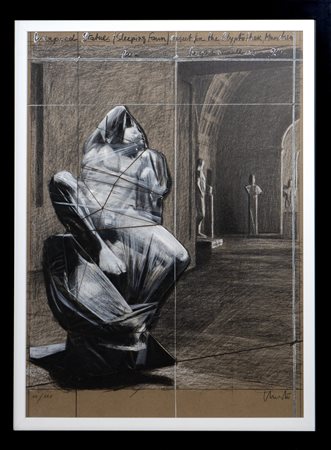 Christo Wrapped statues, 2001 litografia con collage di tela e filo cm...