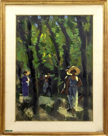 Carlo Corsi Figure nel bosco, Anni Sessanta olio su tavola cm 70x50...