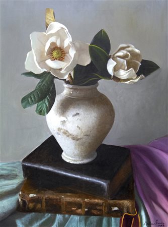 Antonio Sciacca Vaso con Magnolia, 1999 olio su tela cm 94x70 Autentica a...