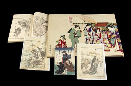 UN LIBRO CON FIGURE FEMMINILI, UN VOLUME E DUE FOGLI SCIOLTI DEI MANGA DI HOKUSAI E UN LIBRETTO DI XILOGRAFIE POLICROME
Giappone,  XIX secolo