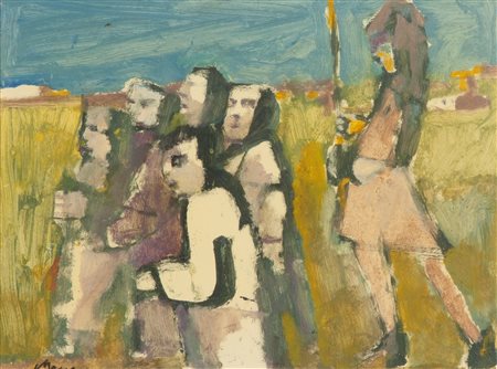 Mino Maccari (Siena, 1898 - Roma, 1989) Figure nel paesaggio Olio su faesite...
