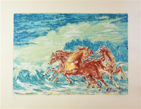 Aligi Sassu (1912 - 2000) CAVALLI litografia, cm 70x90; es. 98/100 firma e...