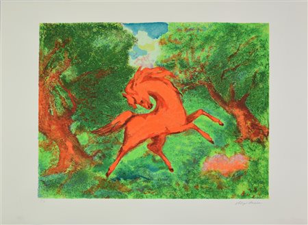 Aligi Sassu (1912 - 2000) IL CAVALLO SAURO, 1997 serigrafia, cm 59,5x79,5;...