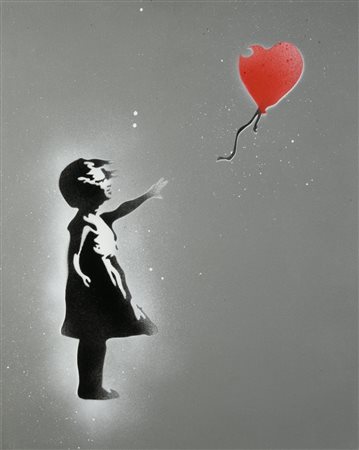 Banksy (1974) BALLOON GIRL IN GREY spray stencil su tela, cm 50x40x4; es....