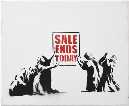 Banksy (1974) SALE ENDS spray stencil su tela, cm 25x30; es. 14/15 firma a...