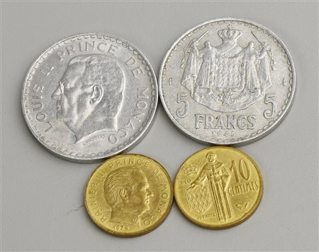 LOTTO DI MONETE PRINCIPE DI MONACO composto da 2 monete da 5 franchi e 2...