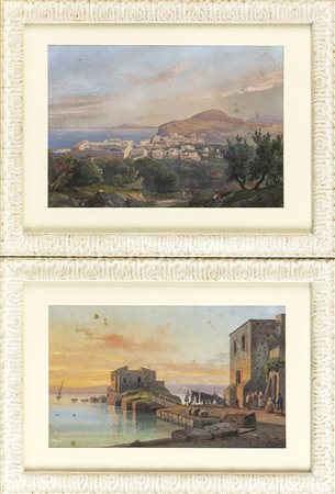SALVATORE FERGOLA (Napoli, 1799 - 1874): Lotto composto da due paesaggi napoletani: Capri con veduta del Vesuvio e Porticciolo datato 1862