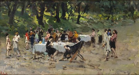 VINCENZO IROLLI (Napoli, 1860 - 1949): Scampagnata nel bosco