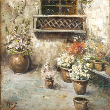 VINCENZO IROLLI (Napoli, 1860 - 1949): Terrazza con fiori