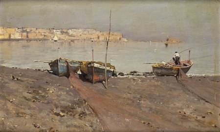 GIUSEPPE CASCIARO (Ortelle, 1863 - Napoli, 1941): Spiaggia con pescatori