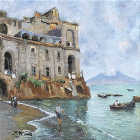 SALVATORE PETRUOLO (Catanzaro, 1857 - Napoli, 1946): Marina napoletana con pescatori e Vesuvio, 1942