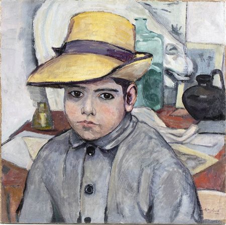 BACCIO MARIA BACCI (Firenze, 1888 - 1974): Ritratto di bambino con cappello di paglia