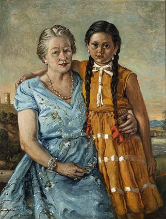 GIORGIO DE CHIRICO (Volo, 1888 - Roma, 1978): Ritratto della N.D. Agusta con la nipote, 1954