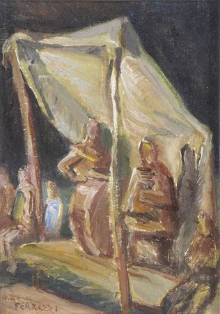 FERRUCCIO FERRAZZI (Roma, 1891 - 1978): Figure sotto le tende, 1958