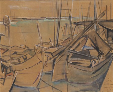 TULLIO CRALI (Igalo, 1910 - Milano, 2000): Barche al porto, 1950