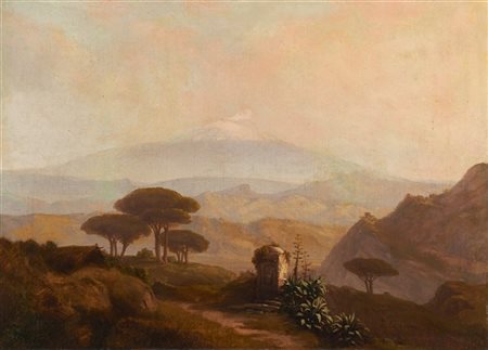Francesco Lojacono "Campagna catanese con l'Etna innevato" 
olio su tela (cm 57x