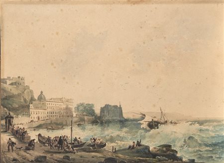 Giovanni Migliara "Veduta di Castel dell'Ovo a Napoli con mare in burrasca" 
acq