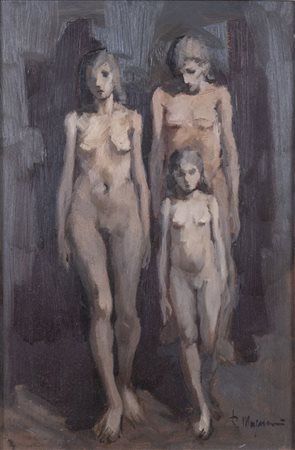 RENZO MAGNANINI (Gonzaga 1920 – Bentivoglio 2006) "Tre figure". Olio su tela....