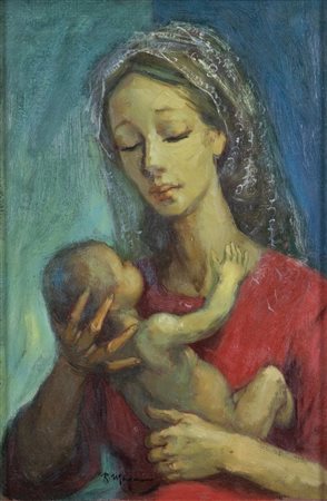 RENZO MAGNANINI (Gonzaga 1920 – Bentivoglio 2006) "Donna con bambino". Olio...