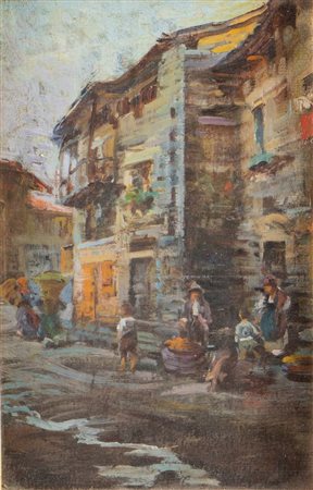 EUGENIO ANDREASI (Lecco 1859 – Venezia c.1950) "Villaggio animato". Olio su...