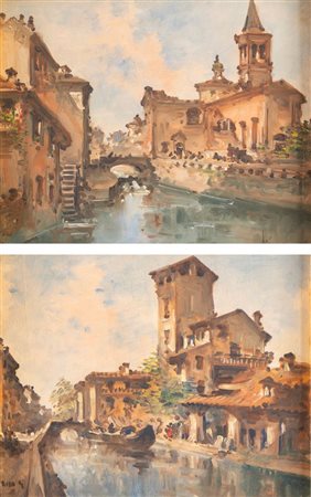 GIOVANNI RIVA (Torino 1890 – 1973) "Vedute dei Navigli". Coppia di dipinti,...