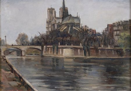 UMBERTO MONTINI (1897 – 1978) "Notre-dame de Paris". Olio su tavola. Cm...