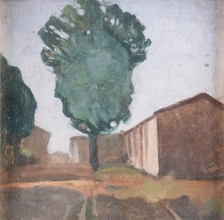 PIETRO SCAPARDINI (Milano 1900 – Bologna 1982) "Albero e casa". Olio su...