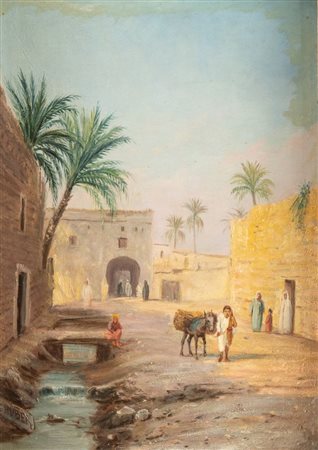 ERNST HUBER (Vienna 1895 – 1960) "Vita a Biskra". Olio su tavola. Cm 33x24....