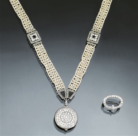 Sautoir con orologio pendente Cartier, anni '20, in oro bianco, microperle,...