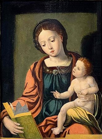 Pieter Coecke van Aelst (attribuito_a) (Flemish 1502-1550)  - Madonna con libro e Gesù bambino.