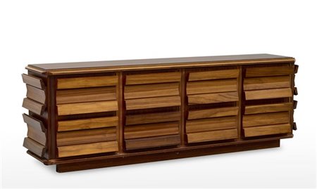 Credenza a quattro ante in legno massello e impiallacciato, piano in cristallo