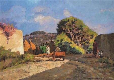 Carlo Domenici(Livorno 1897 - 1981)VEDUTA DI CAMPAGNA CON CARRETTO ROSSOolio...