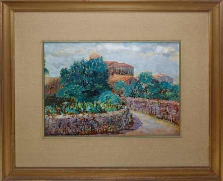 Roberto Rimini (Palermo 1888-1971)  - Paesaggio con strada di campagna e case