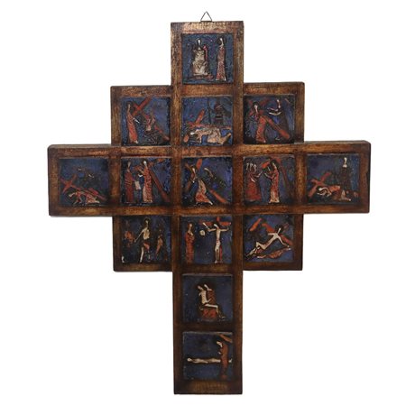 Sebastiano Milluzzo (Catania 1915-Catania 2011)  - Croce di legno con applicazioni di smalti su metallo con via crucis