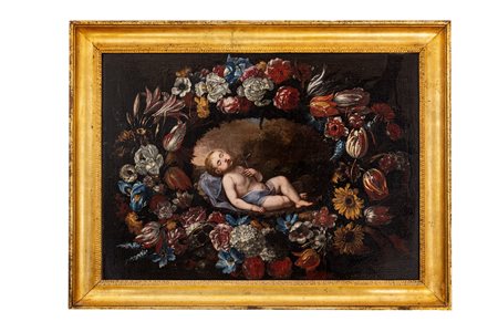 Giuseppe Recco - Nicolò Maria Vaccaro   Gesù Bambino in una ghirlanda di fiori 