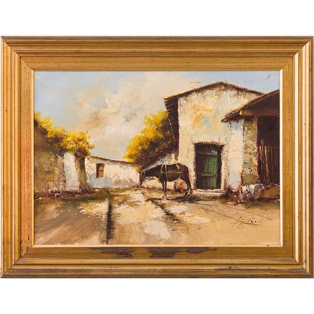 GIGI ROCCA (XX secolo), Caseggiato con cavallo, Olio su tela