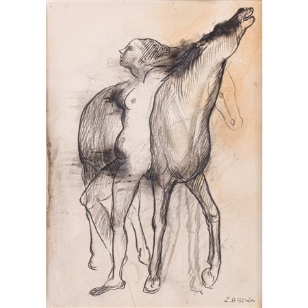 ENZO ASSENZA, Figura femminile e cavallo, Carboncino su carta