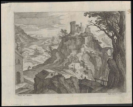 Raphael Sadeler I (1560ca.-1628ca.) da Paul Bril (1554-1626) Paesaggio con...