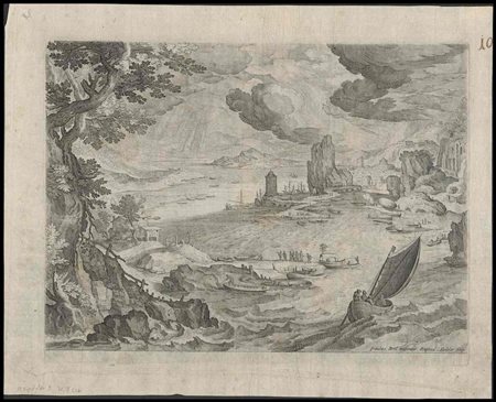 Raphael Sadeler I (1560ca.-1628ca.) da Paul Bril (1554-1626) Paesaggio marino...