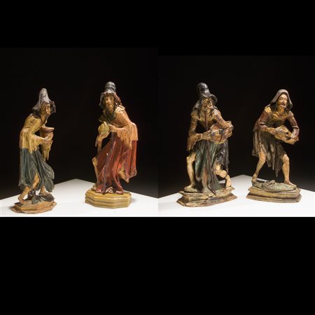 Lotto di quattro antiche sculture in legno dipinto, Germania XVII secolo